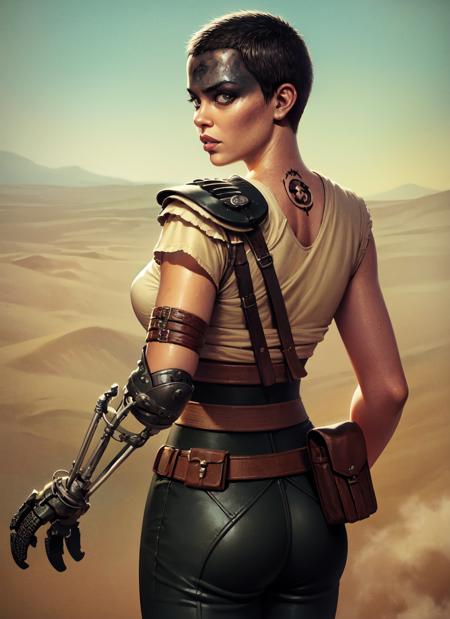 41280-240857715-furiosaimp, 1girl, solo, single pauldron, single mechanical arm, shirt, belt, pouch, pants, looking back, parted lips, from behi.png